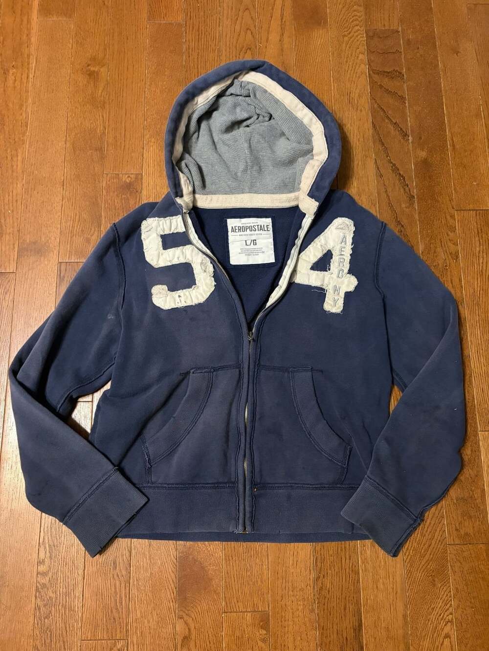 Aeropostale Navy Blue Full Zip Hoodie Jacket Size L/G Distressed Graphic